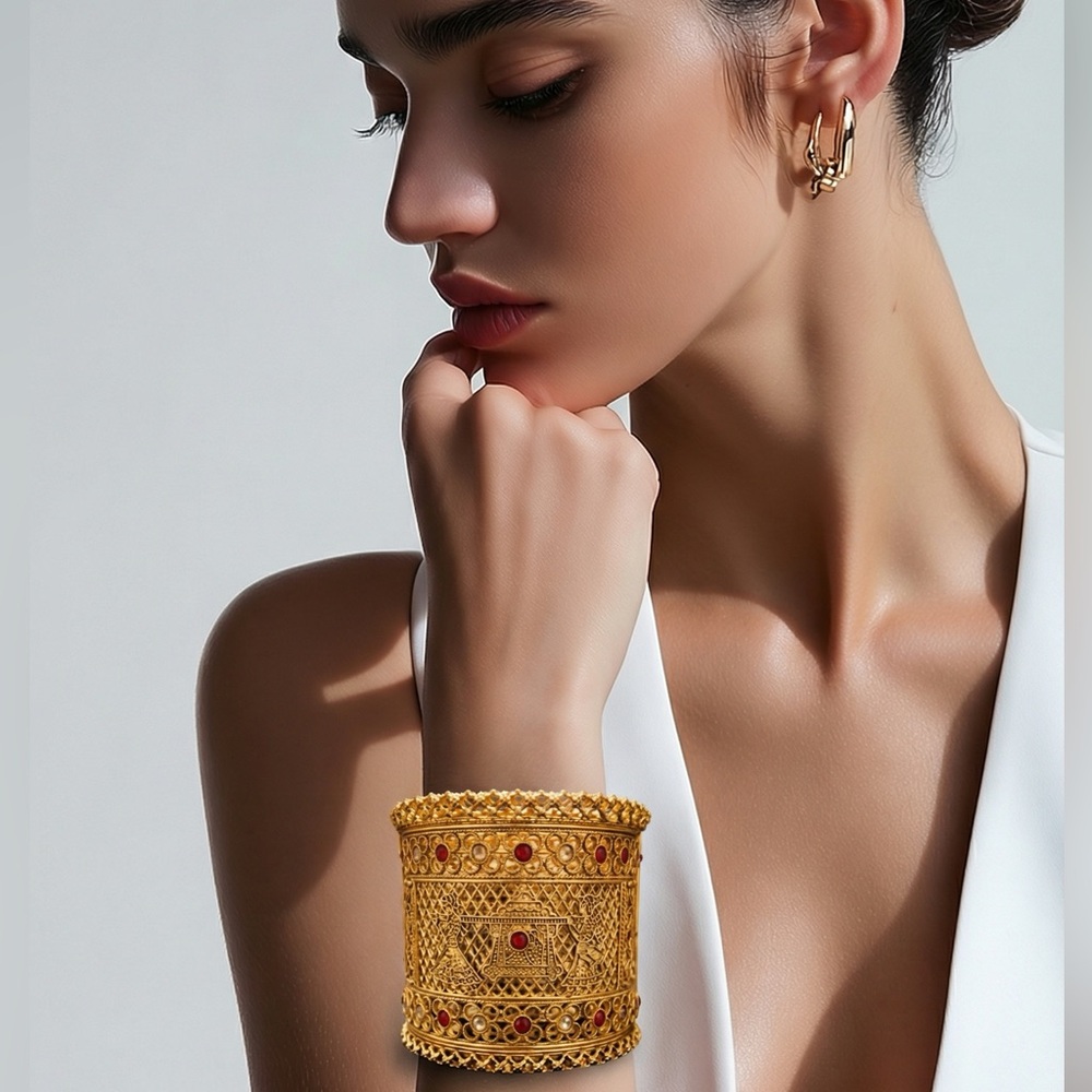 Elegant Gold and Red Indian Filigree Bracelet